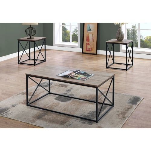 3 Piece Coffee & End Table Set in Dark Taupe & Black Metal